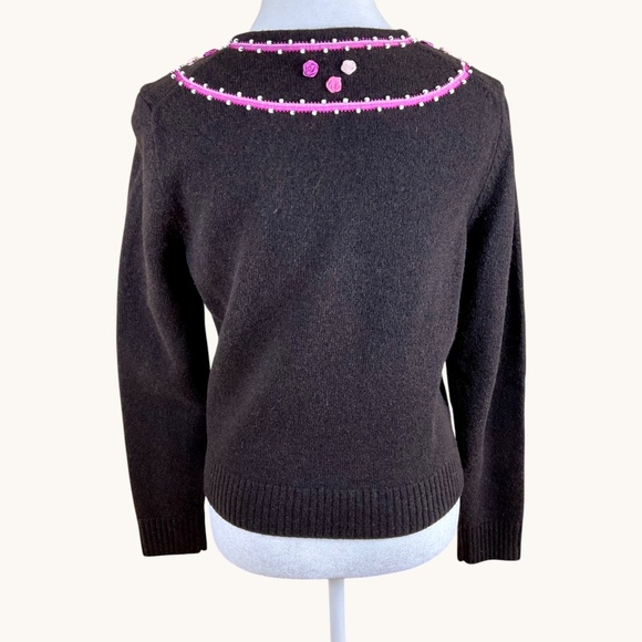 Brown Cardigan Sweater Wool Pink Rose Appliques Beaded (M) - Picture 4 of 8